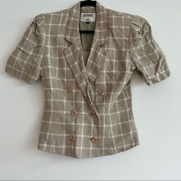 Vintage Beige Windowpane Plaid Short Sleeve Double Breasted Jacket Size 8/9 - Picture 1 of 8
